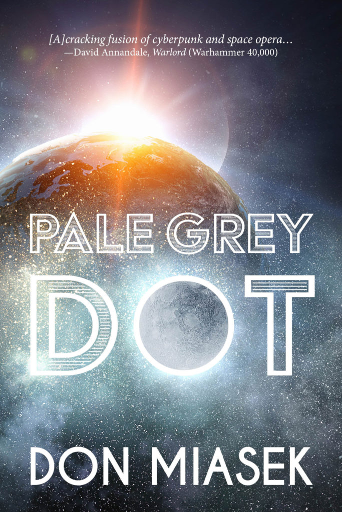 The cover to Pale Grey Dot, featuring the sun cresting from behind a planet. A moon in the foreground forms the O in the Pale Grey Dot title.