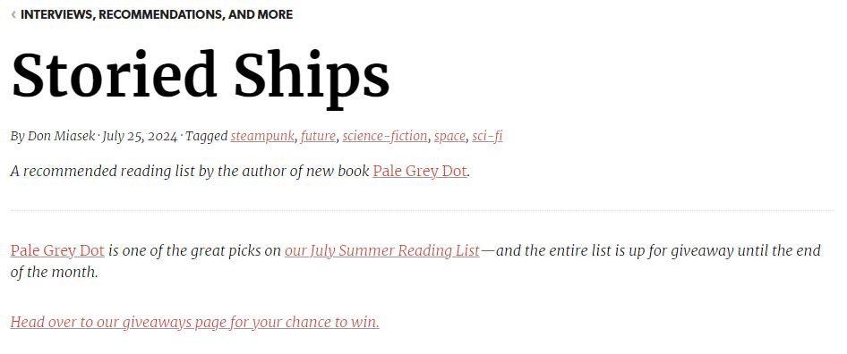 A screenshot of my article for the 49th Shelf: Storied Ships