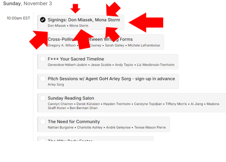 Screenshot of the Can*Con schedule, with a bunch of arrows pointing to the signing timeslot.