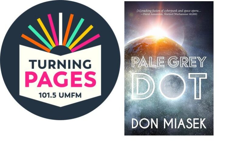 The Turning Pages UMFM 101.5 logo beside the cover to Pale Grey Dot, which features a planet and moon. The moon forms the 'o' in 'Dot'.