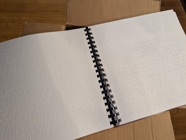 The Braille copy of Pale Grey Dot opened to a random page. The braille is visible, but beyond that the page looks empty.