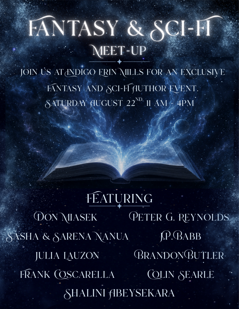 A poster indicating a Fantasy & Sci-Fi Meet-up at Indigo Erin Mills on August 22, 11 AM to 4 PM.